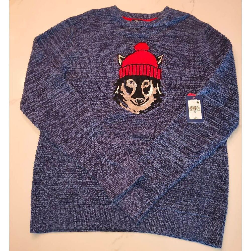 Chaps Boys Wolf Intarsia Crewneck Knit Sweater Size XL Blue WOLFPACK NC STATE Se